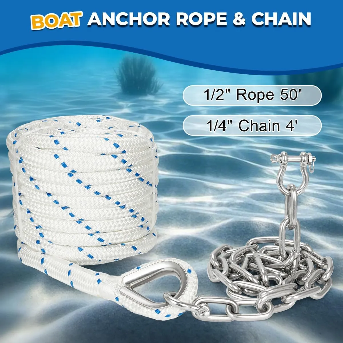 1/2" Boat Anchor Rope 50 FT with 316 Stainless Steel Anchor Chain 1/4" x 4 FT, 5/16" Bow Shackles and 1/2" Thimble, Anchor Rode for Mooring, Boats Pontoon, Deck, Fishing, Sail