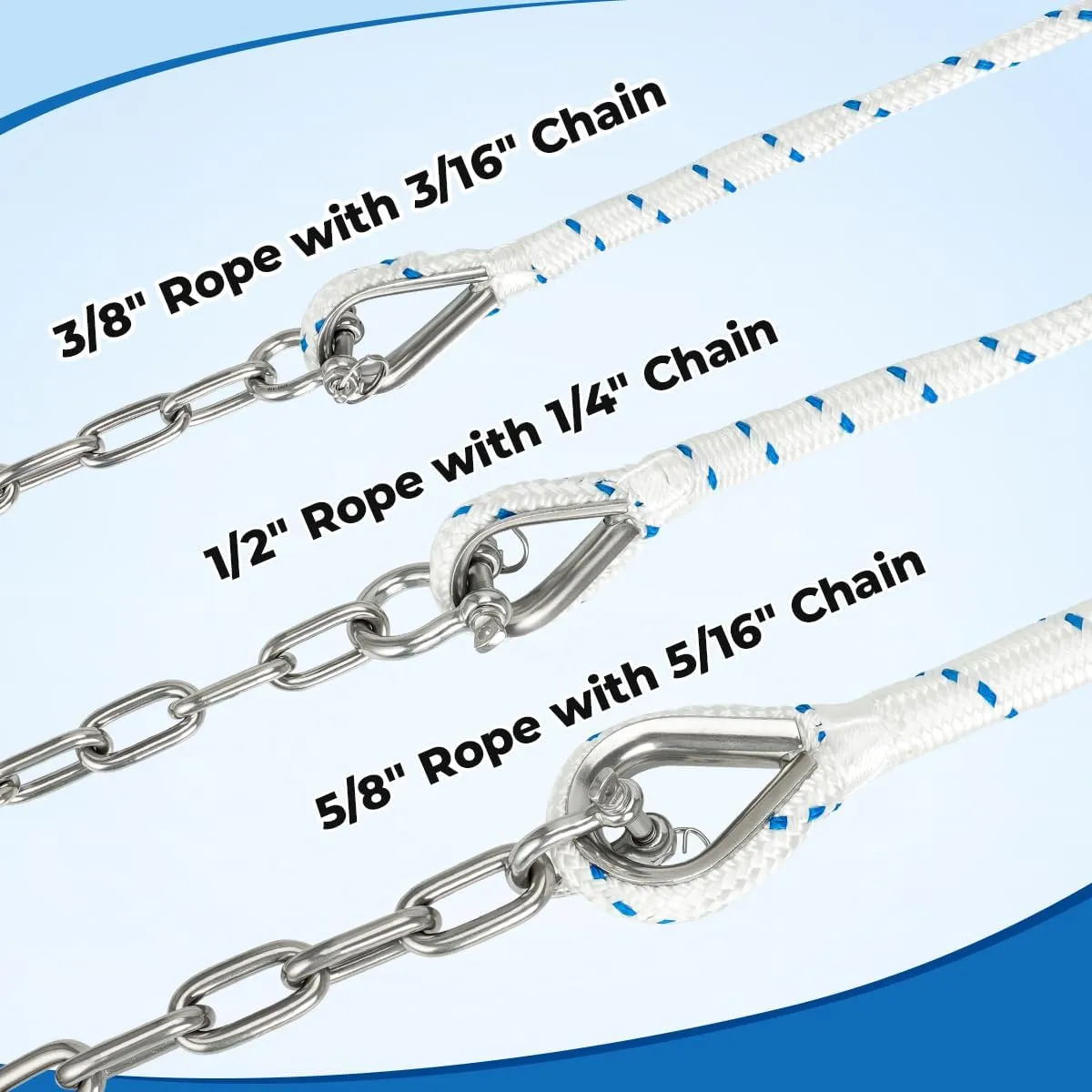 1/2" Boat Anchor Rope 50 FT with 316 Stainless Steel Anchor Chain 1/4" x 4 FT, 5/16" Bow Shackles and 1/2" Thimble, Anchor Rode for Mooring, Boats Pontoon, Deck, Fishing, Sail