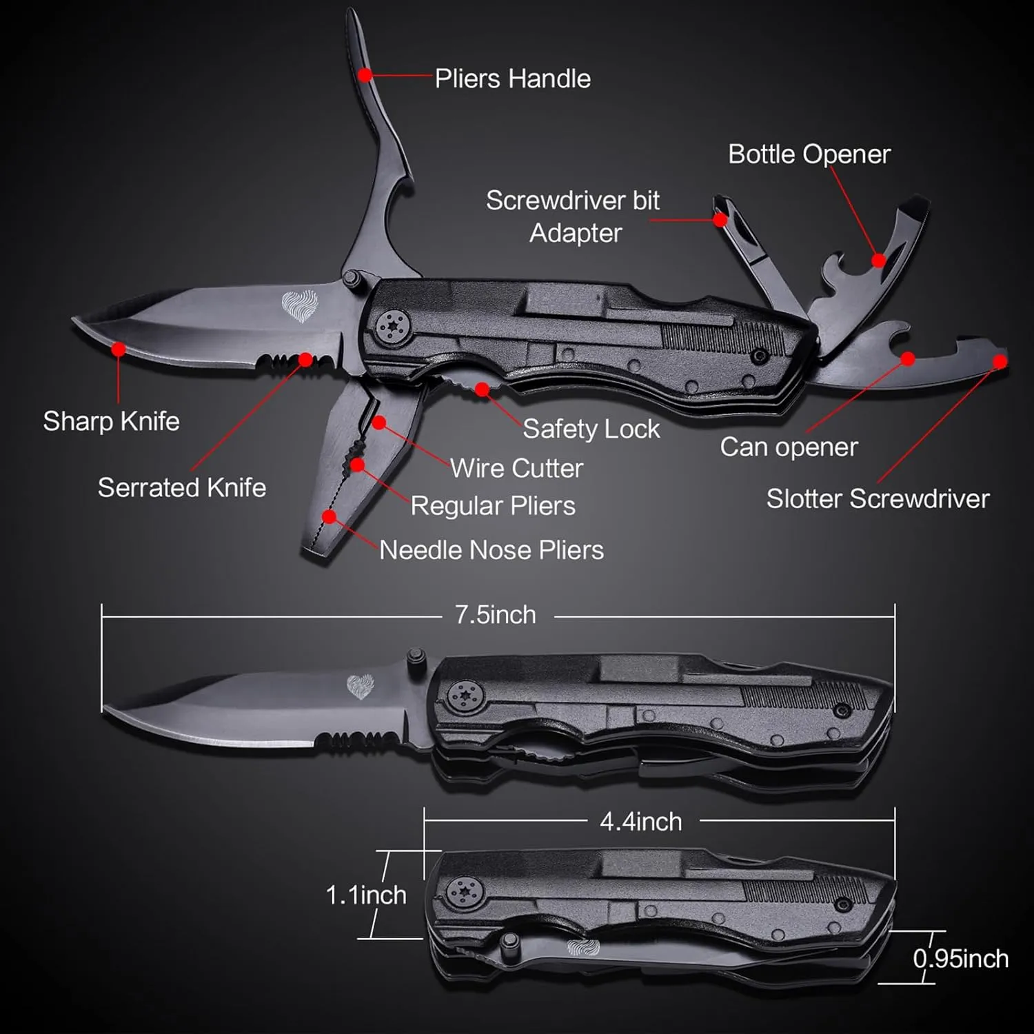 14 in 1 Multitool Pocket Knife for Men, Dad Gifts for Fathers Day from Daughter, Wife, Tactical Multi-Tool Plier 9-in-1 screwdriver set