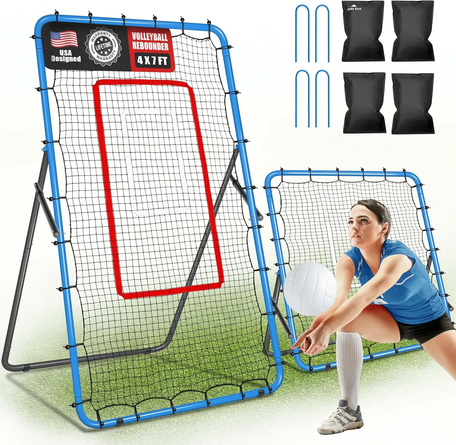 2-in-1 Volleyball Rebounder Net System, Adjustable from 7x4 ft to 4x4.5 ft, 4-Angle Bounce Back Net, Training Equipment for Volleying, Bumping, Spiking Practice, Resists Twisting
