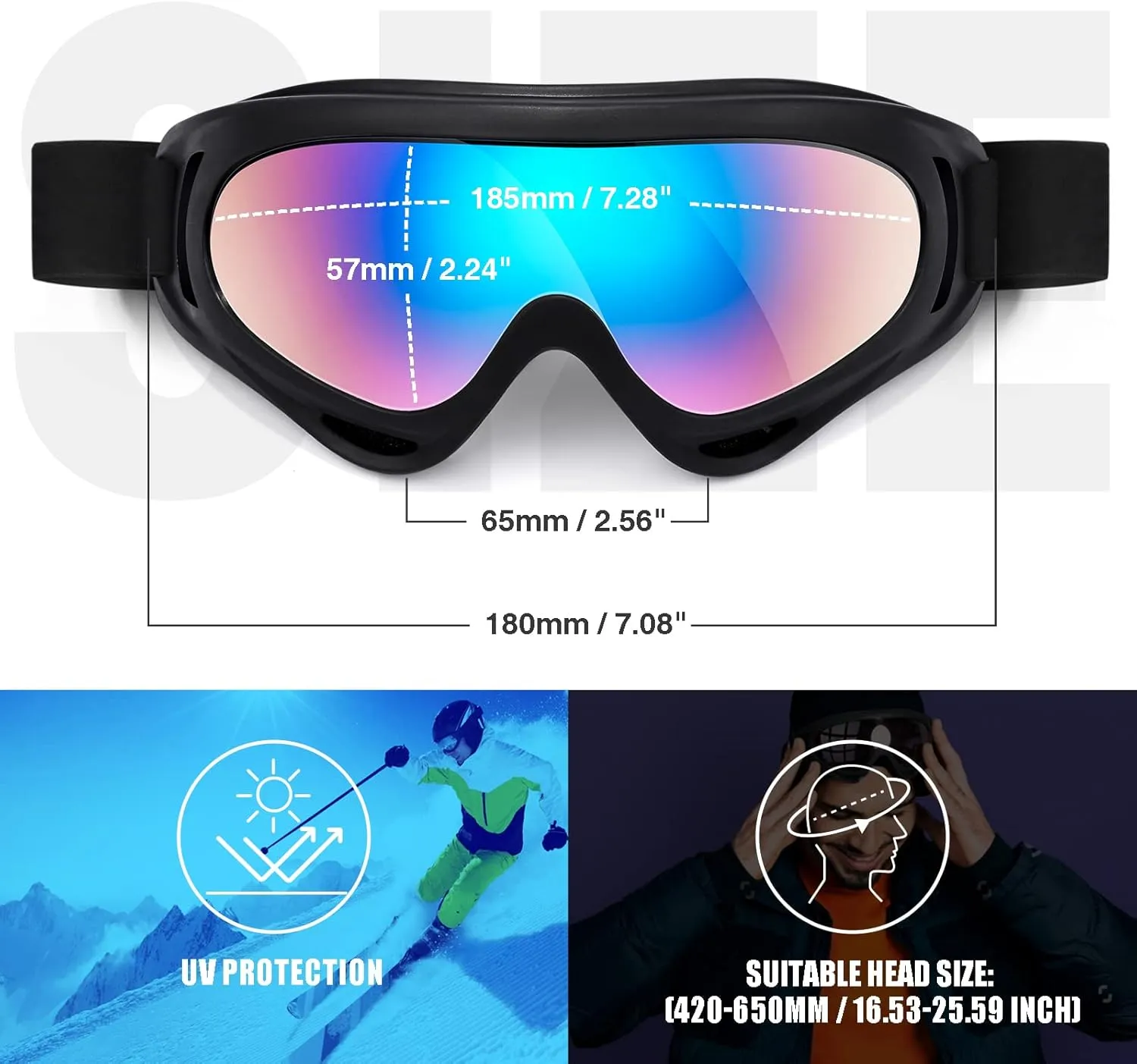 2-Pack Snow Ski Goggles, Snowboard Goggles for Men, Women, Youth, Kids, Boys or Girls