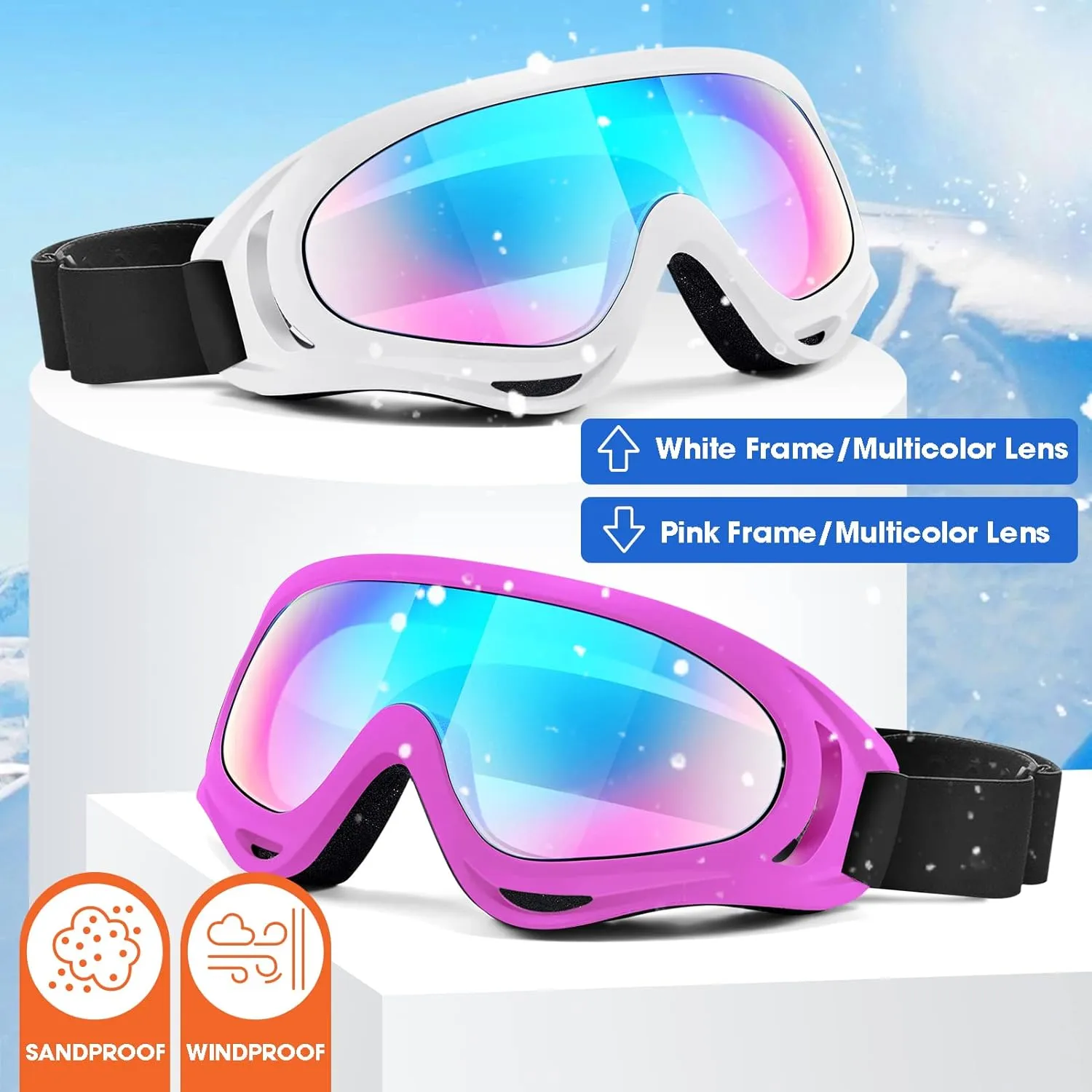 2-Pack Snow Ski Goggles, Snowboard Goggles for Men, Women, Youth, Kids, Boys or Girls