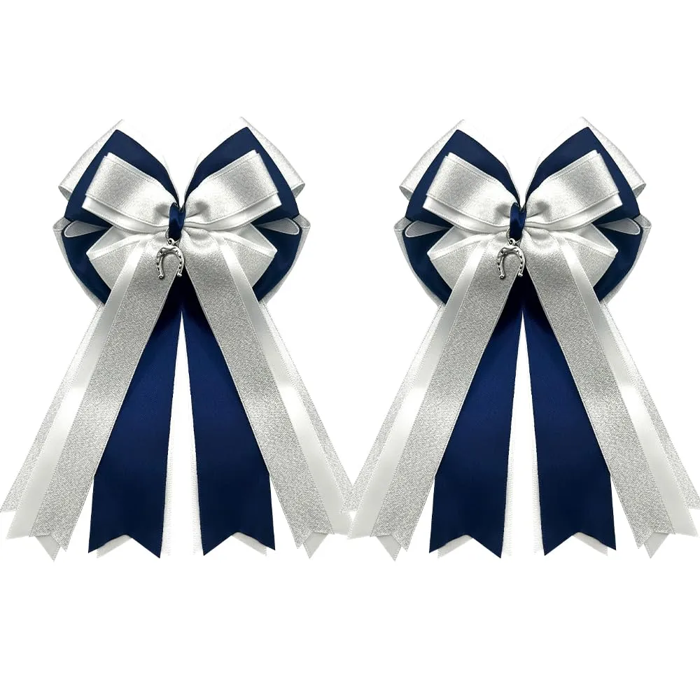 2PCS Blue White Ribbon Hair Bows for Women, Navy Handmade Equestrian Hairpins Solid Hair Accessories Gifts Cute Bow for Horseback Riding Competitions