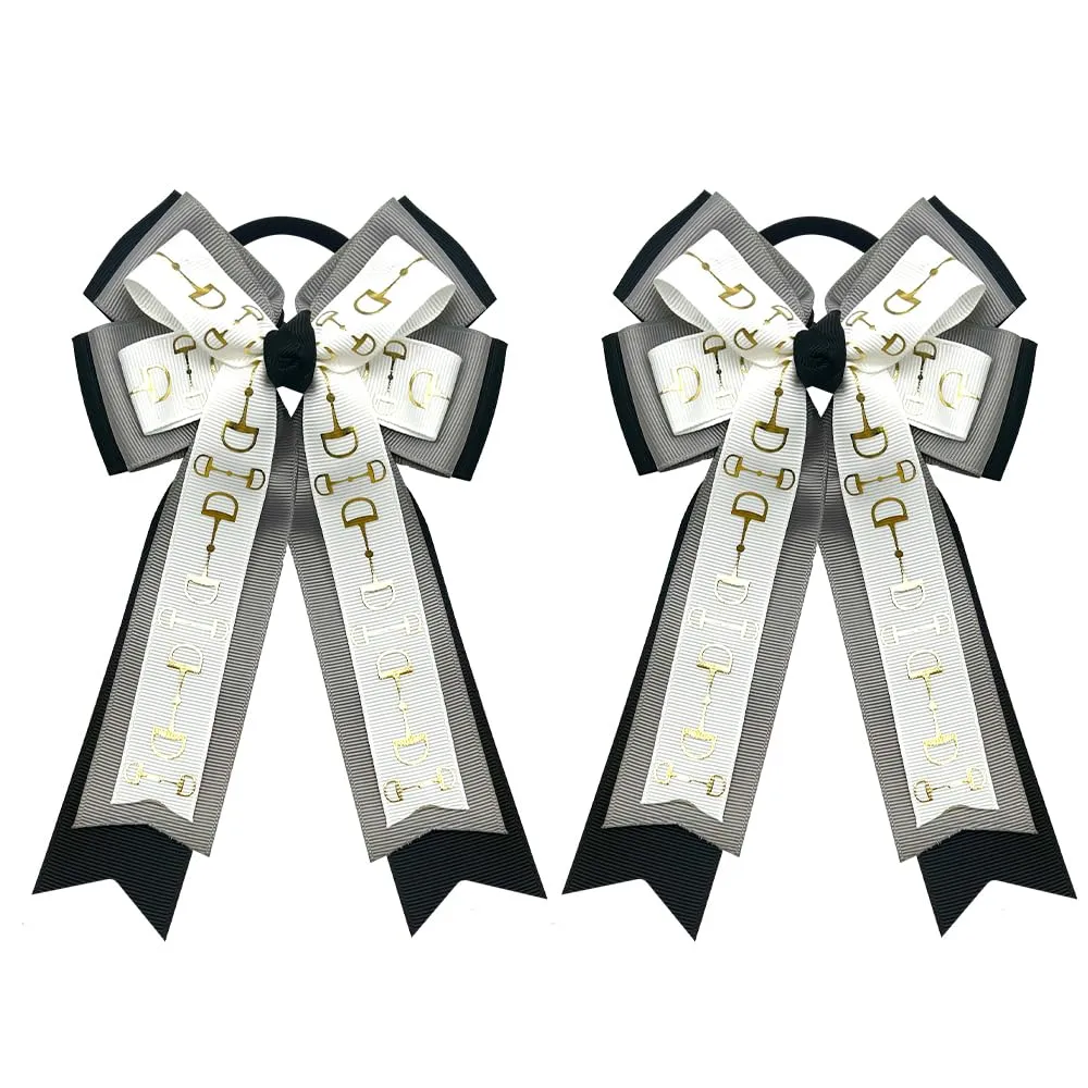2PCS Equestrian Hair Bows for Women, Gray White Handmade Horse Bit Equestrian Elastics Hair Accessories Gifts Horse Equestrian Show Bow for Horseback Riding Competitions