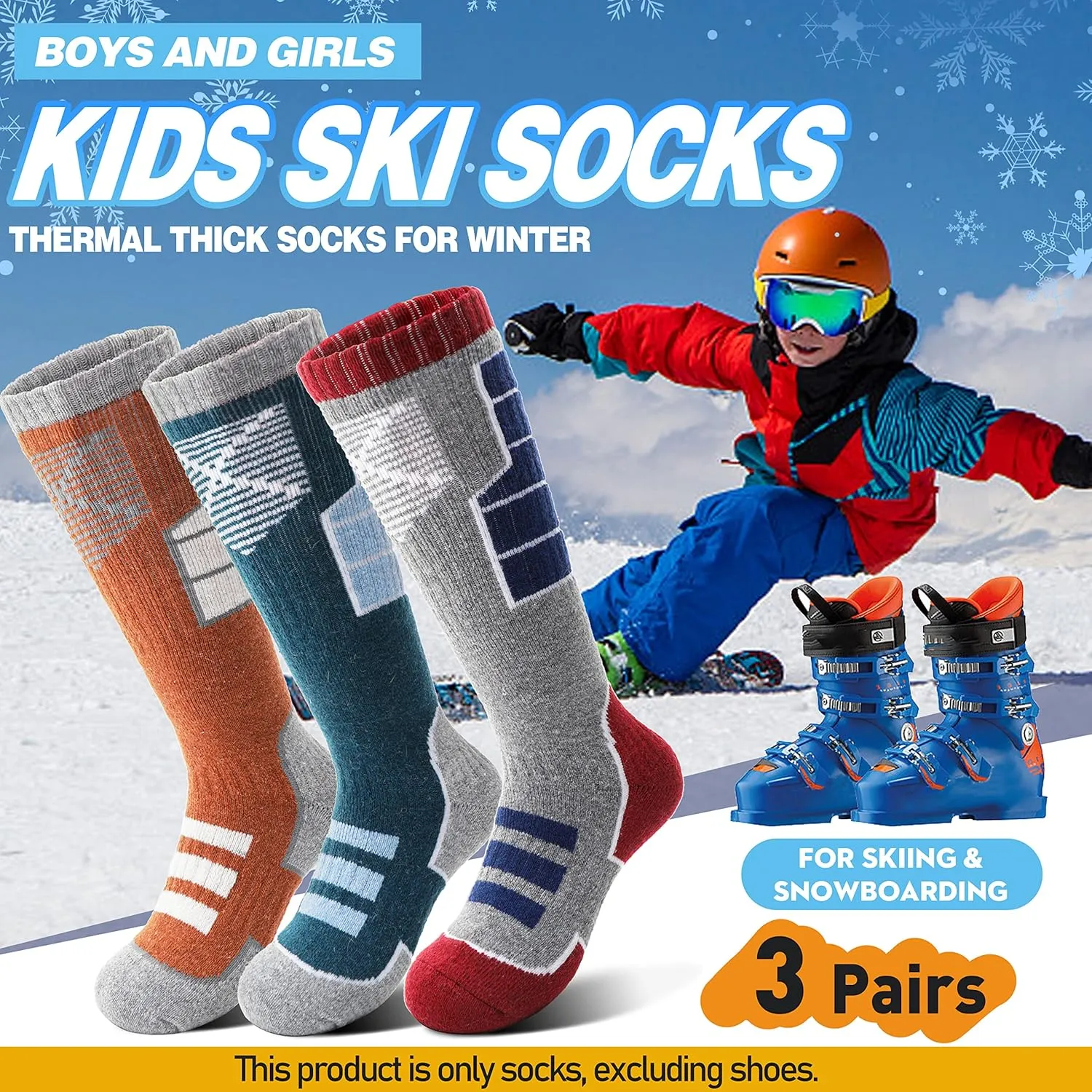 Anlisim Kids Merino Wool Ski Socks 3 Pairs Girls Boys Thermal Winter Warm Thick Breathable Socks for Skiing Snowboarding
