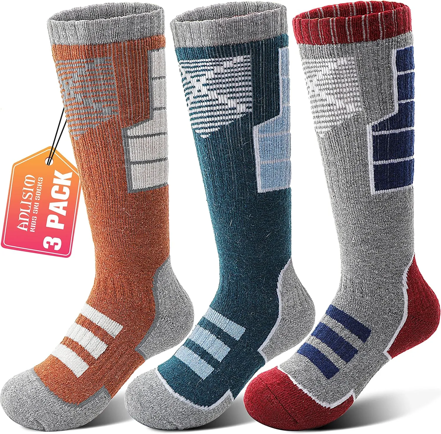 Anlisim Kids Merino Wool Ski Socks 3 Pairs Girls Boys Thermal Winter Warm Thick Breathable Socks for Skiing Snowboarding