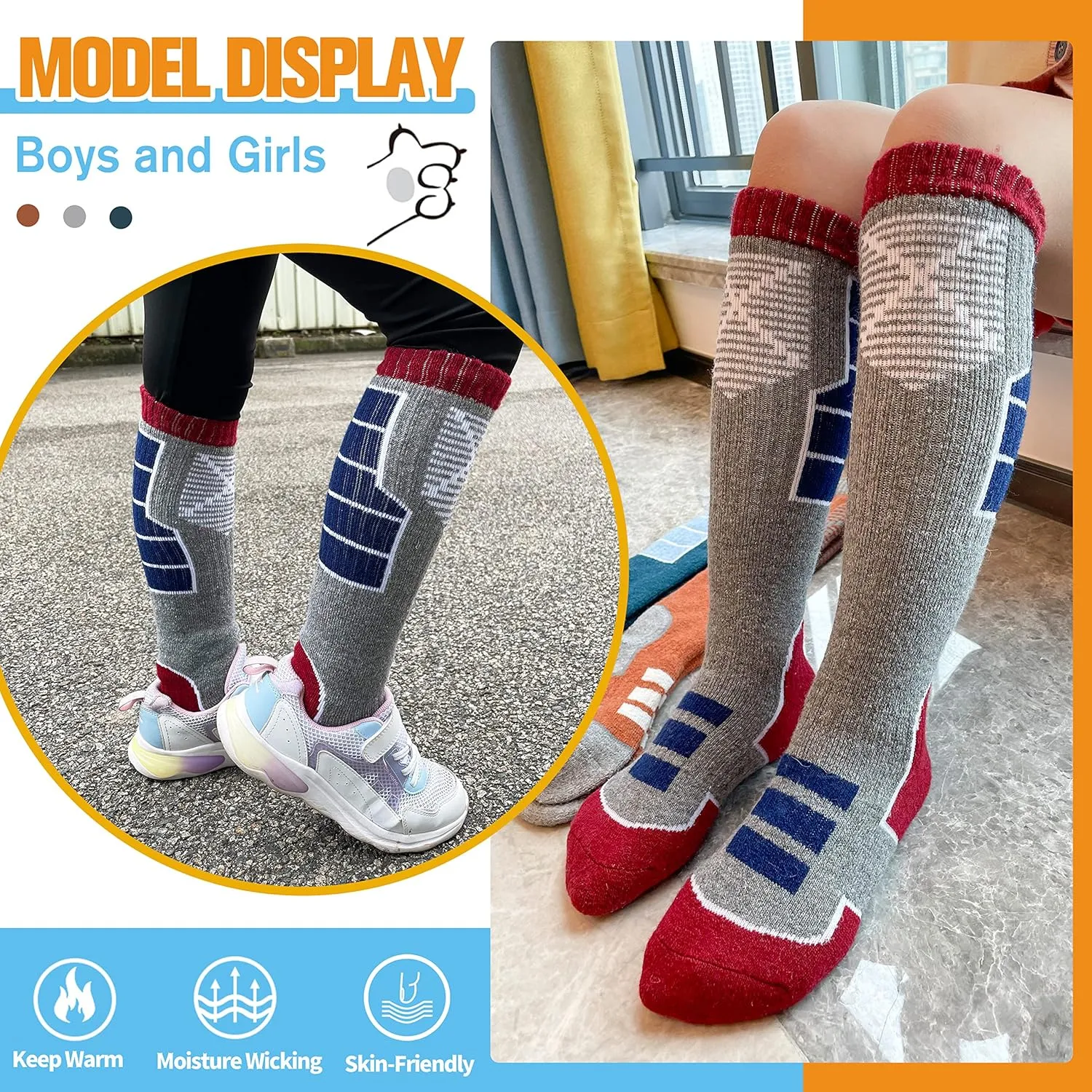 Anlisim Kids Merino Wool Ski Socks 3 Pairs Girls Boys Thermal Winter Warm Thick Breathable Socks for Skiing Snowboarding