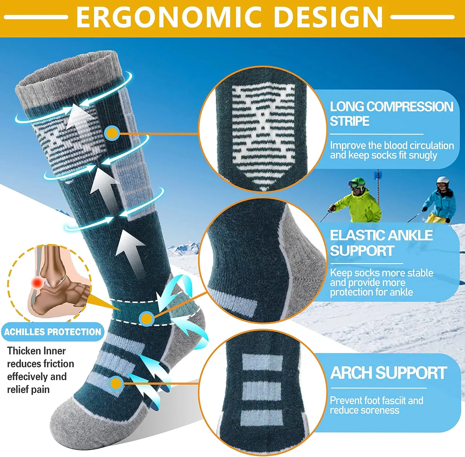 Anlisim Kids Merino Wool Ski Socks 3 Pairs Girls Boys Thermal Winter Warm Thick Breathable Socks for Skiing Snowboarding