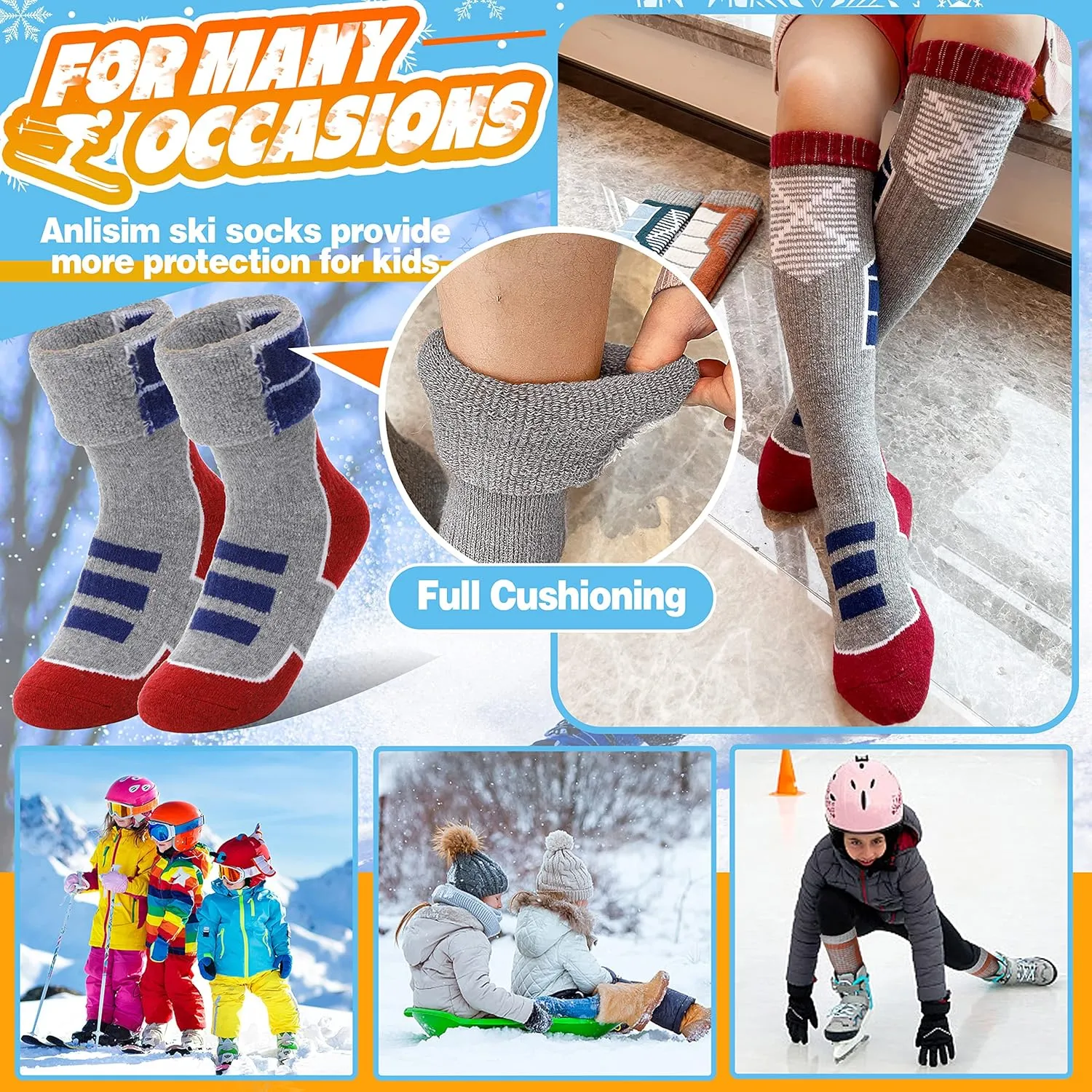 Anlisim Kids Merino Wool Ski Socks 3 Pairs Girls Boys Thermal Winter Warm Thick Breathable Socks for Skiing Snowboarding
