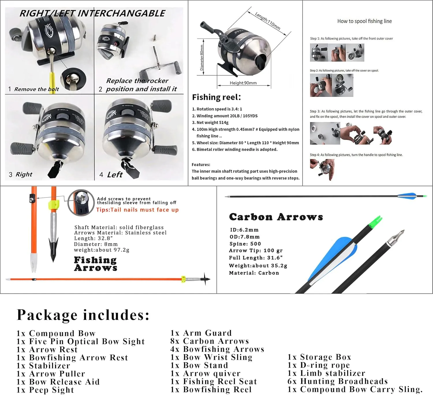 Archery Bowfishing Compound Bow Kit Ready to Fish Kit with Bowfishing Reel, Bow Fishing Arrows Right & Left Handed for Adult/Youth Fishing Hunting Target Shooting