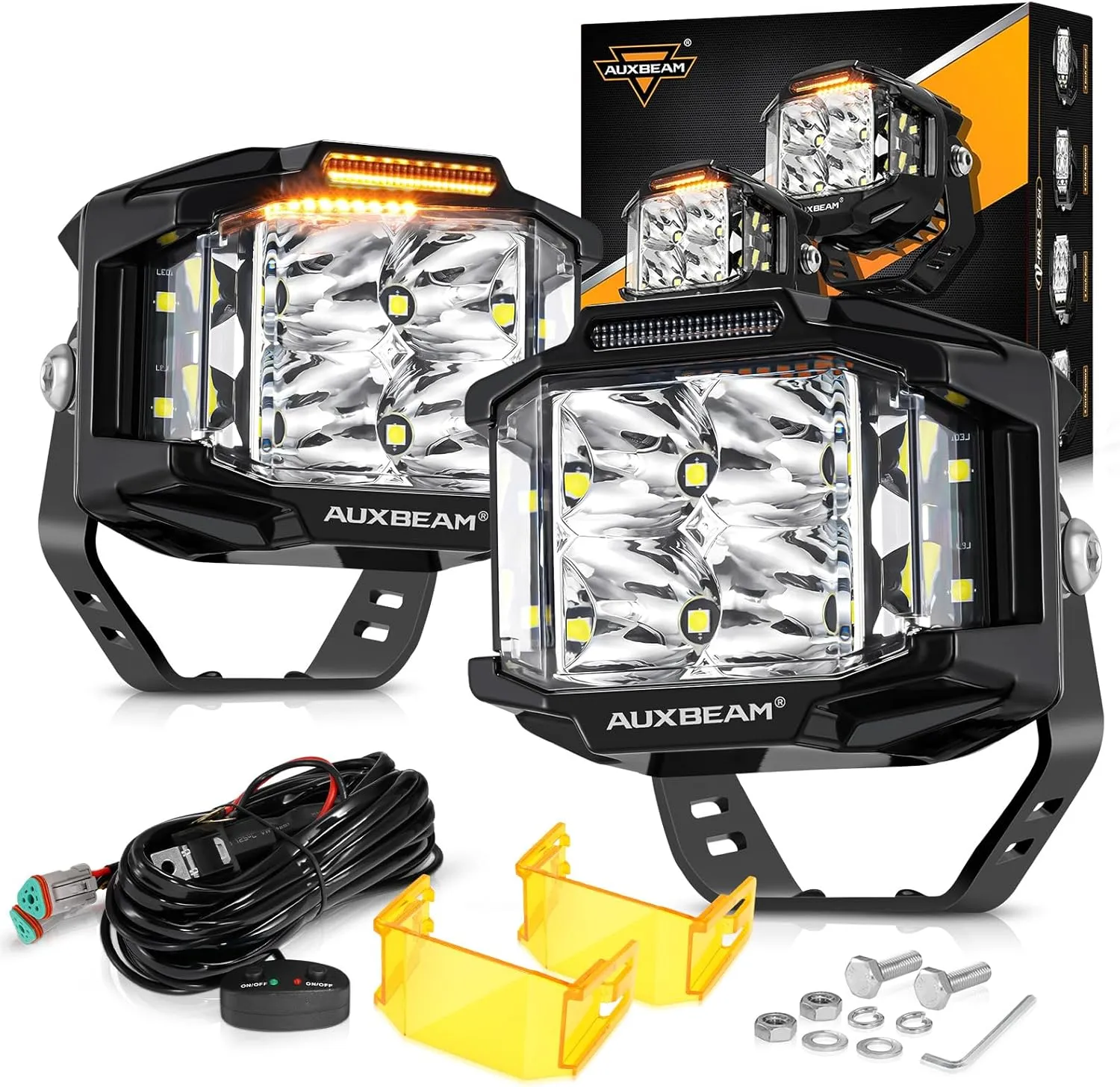 Auxbeam 4 Inch LED Pod Light, 92W V-MAX Series Square Offroad Driving with Amber DRL, 270 Spot Flood Combo Beam Side Shooter Cube Work Auxiliary Lights with Yellow Cover for Truck SUV ATV UTV