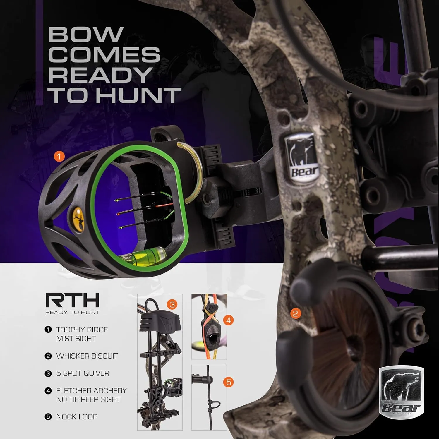 Bear Archery Royale Ready to Hunt Compound Bow Package for Adults and Youth, 12- 27 Draw Length, 5-50 Lbs Draw Weight, Up to 290 FPS, Limbs Made in USA, Limited Life-Time Warranty