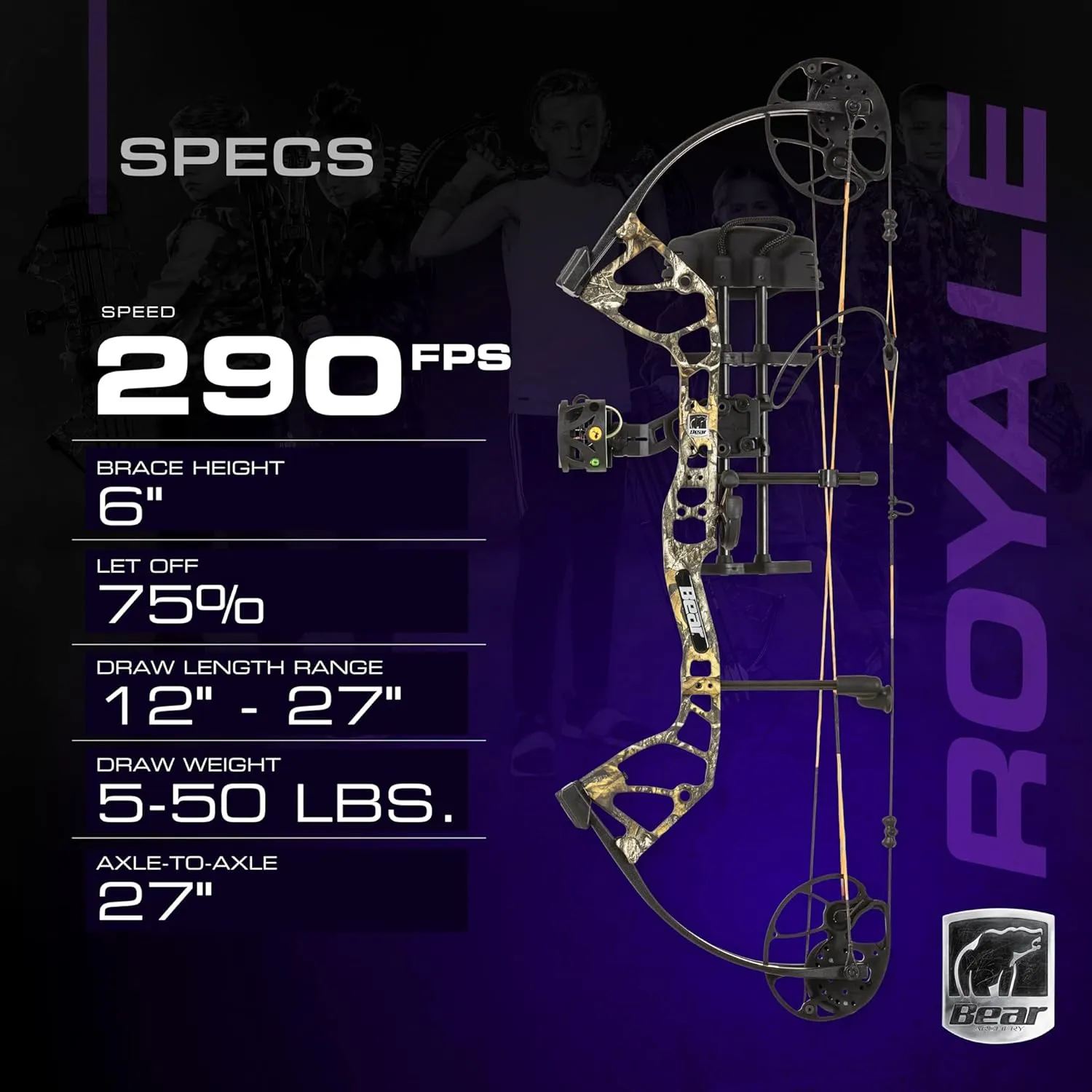 Bear Archery Royale Ready to Hunt Compound Bow Package for Adults and Youth, 12- 27 Draw Length, 5-50 Lbs Draw Weight, Up to 290 FPS, Limbs Made in USA, Limited Life-Time Warranty