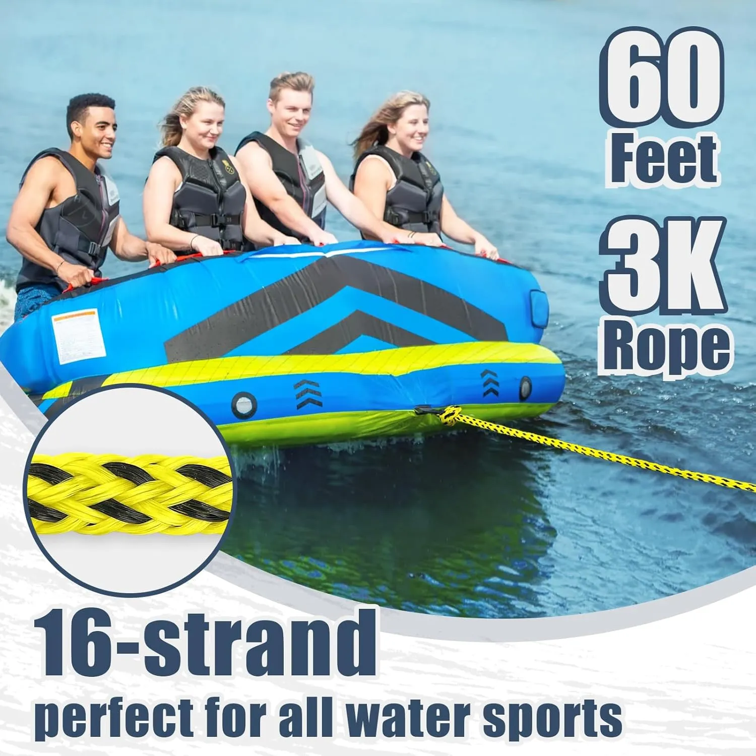Boat Tow Rope 60ft 3-6K, Floating Ropes for Towable TubesWatersport Accessories
