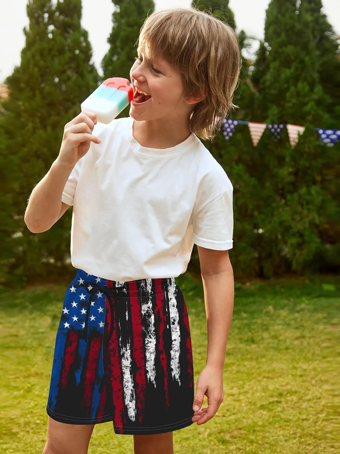 Boys 4th of July Summer Compression Liner Beach Swim Trunks American Flag Adjustable Drawstring Board Shorts 6-16 Years