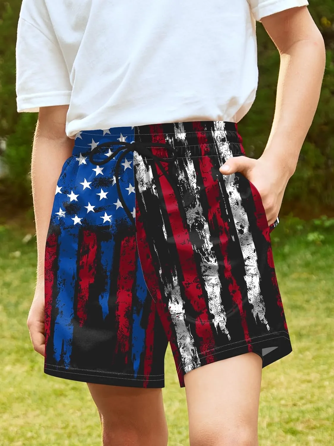 Boys 4th of July Summer Compression Liner Beach Swim Trunks American Flag Adjustable Drawstring Board Shorts 6-16 Years