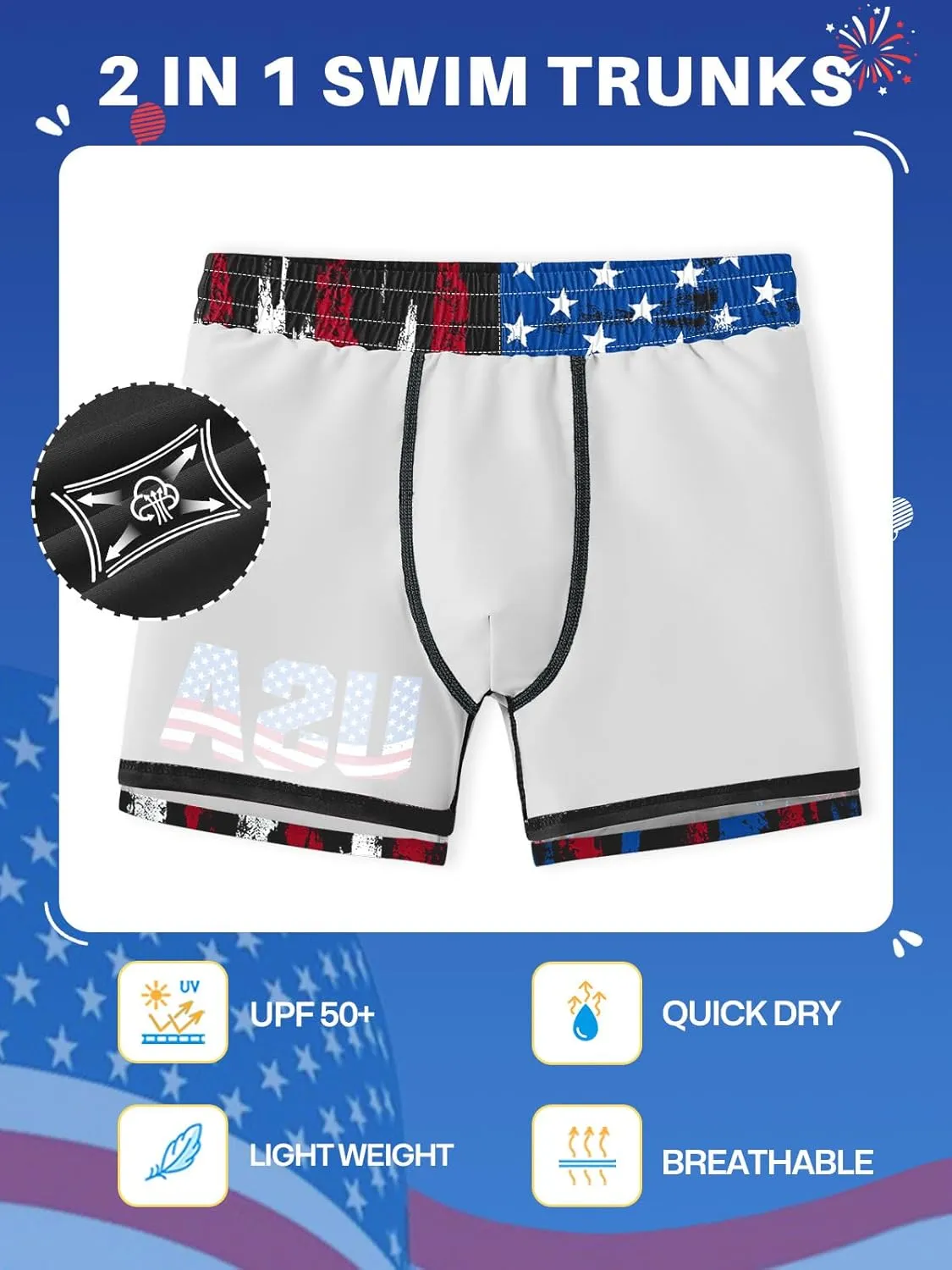 Boys 4th of July Summer Compression Liner Beach Swim Trunks American Flag Adjustable Drawstring Board Shorts 6-16 Years