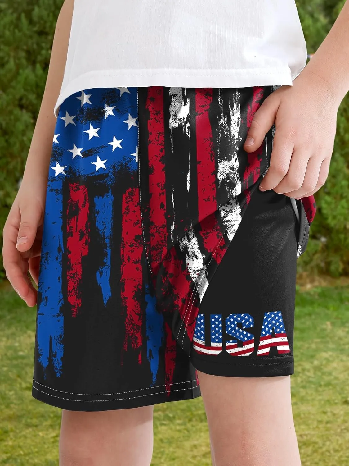Boys 4th of July Summer Compression Liner Beach Swim Trunks American Flag Adjustable Drawstring Board Shorts 6-16 Years