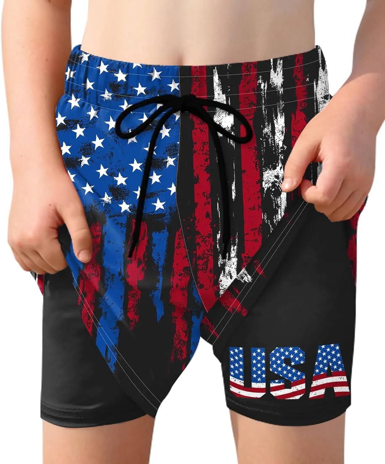 Boys 4th of July Summer Compression Liner Beach Swim Trunks American Flag Adjustable Drawstring Board Shorts 6-16 Years