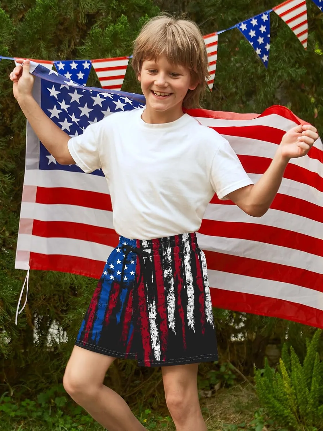 Boys 4th of July Summer Compression Liner Beach Swim Trunks American Flag Adjustable Drawstring Board Shorts 6-16 Years