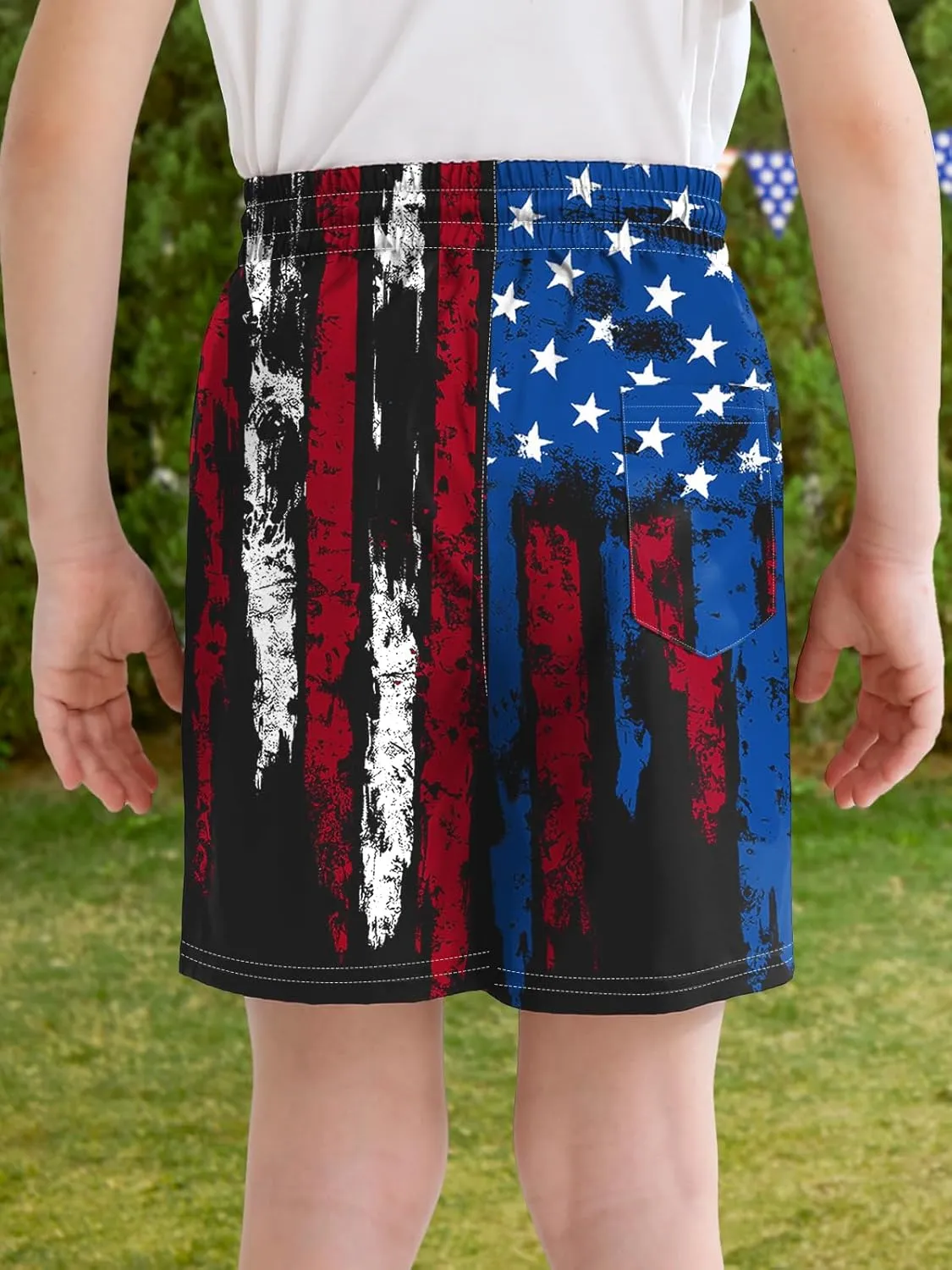 Boys 4th of July Summer Compression Liner Beach Swim Trunks American Flag Adjustable Drawstring Board Shorts 6-16 Years