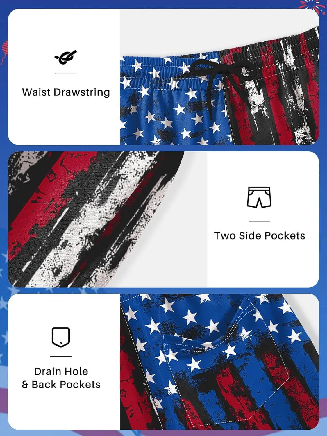 Boys 4th of July Summer Compression Liner Beach Swim Trunks American Flag Adjustable Drawstring Board Shorts 6-16 Years