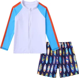 Boys Two Piece Swim Set Zipper Rash Guard Swimsuits Long Sleeve Bathing Suit for 4-12 Years