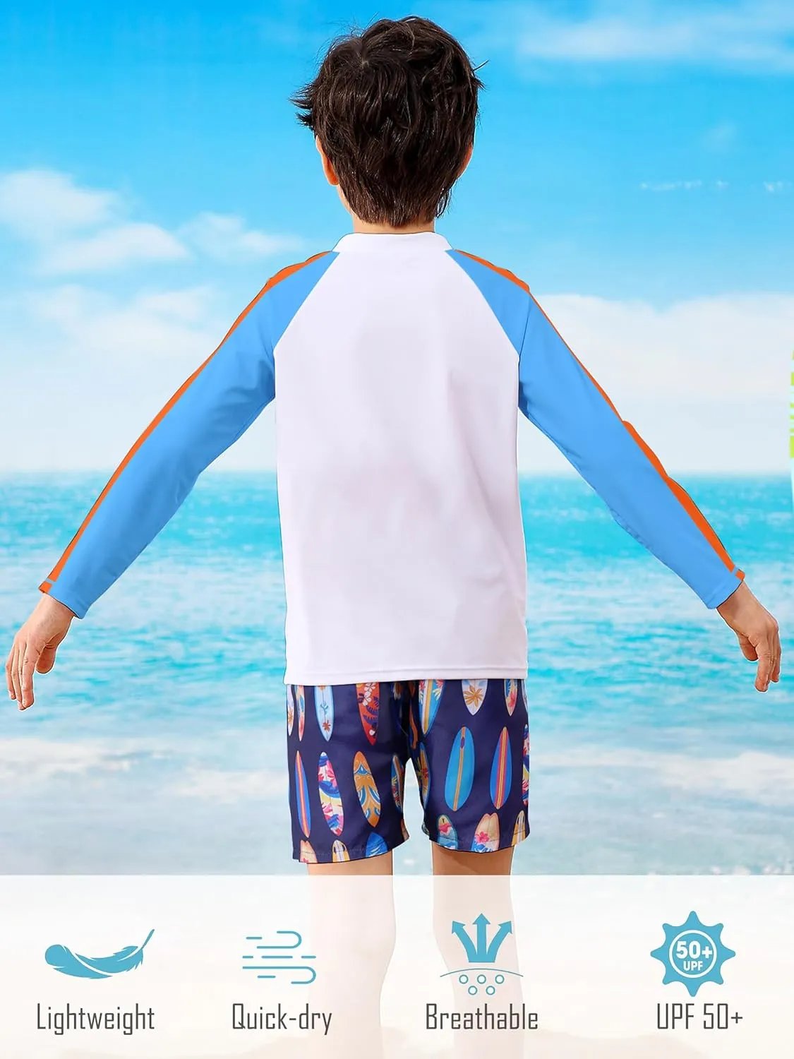 Boys Two Piece Swim Set Zipper Rash Guard Swimsuits Long Sleeve Bathing Suit for 4-12 Years