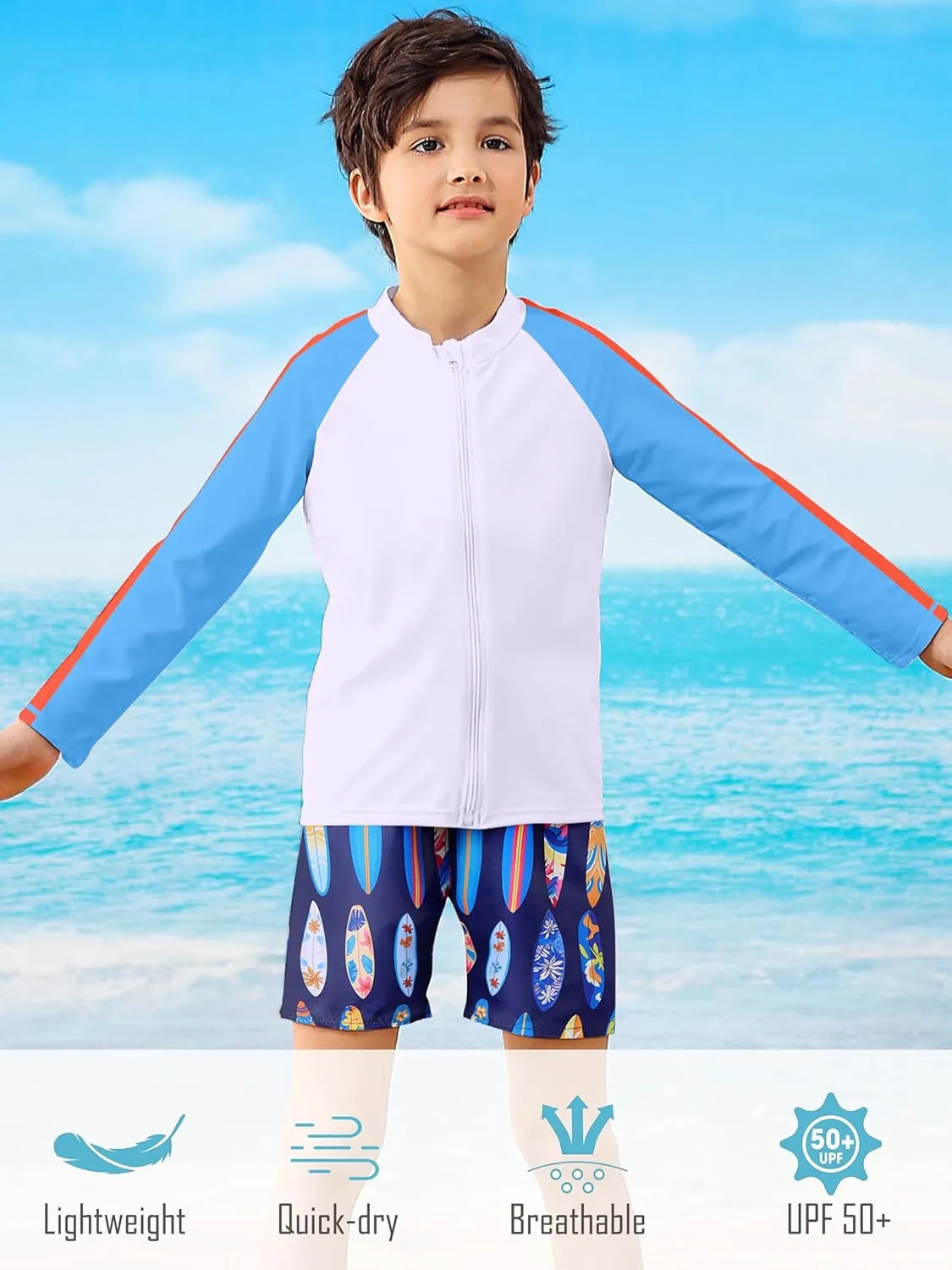 Boys Two Piece Swim Set Zipper Rash Guard Swimsuits Long Sleeve Bathing Suit for 4-12 Years