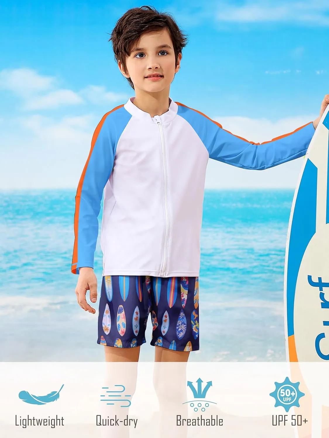 Boys Two Piece Swim Set Zipper Rash Guard Swimsuits Long Sleeve Bathing Suit for 4-12 Years
