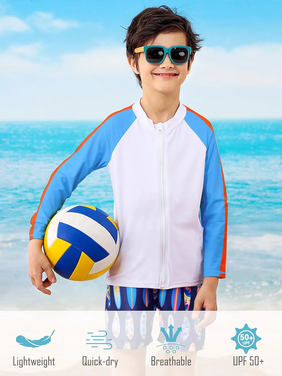 Boys Two Piece Swim Set Zipper Rash Guard Swimsuits Long Sleeve Bathing Suit for 4-12 Years