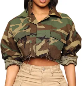 Camo Jacket for Women Long Sleeve Button Down Army Fatigue Camouflage Denim Outwear Coat with Pockets