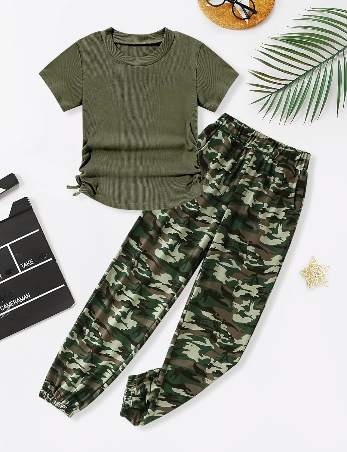 Crazyme Girls Clothes Ruched Drawstring Short Sleeve Knit Top and Camo Print Pants 2 Piece Girls Outfits 7-14 Years