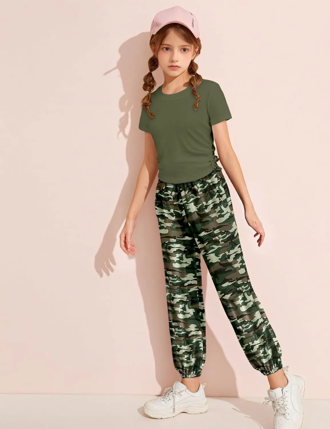 Crazyme Girls Clothes Ruched Drawstring Short Sleeve Knit Top and Camo Print Pants 2 Piece Girls Outfits 7-14 Years