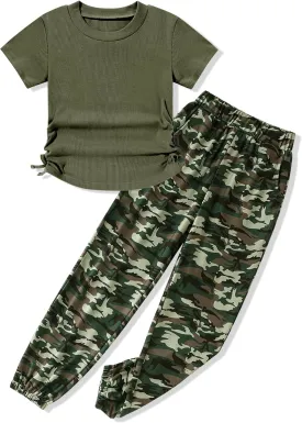 Crazyme Girls Clothes Ruched Drawstring Short Sleeve Knit Top and Camo Print Pants 2 Piece Girls Outfits 7-14 Years