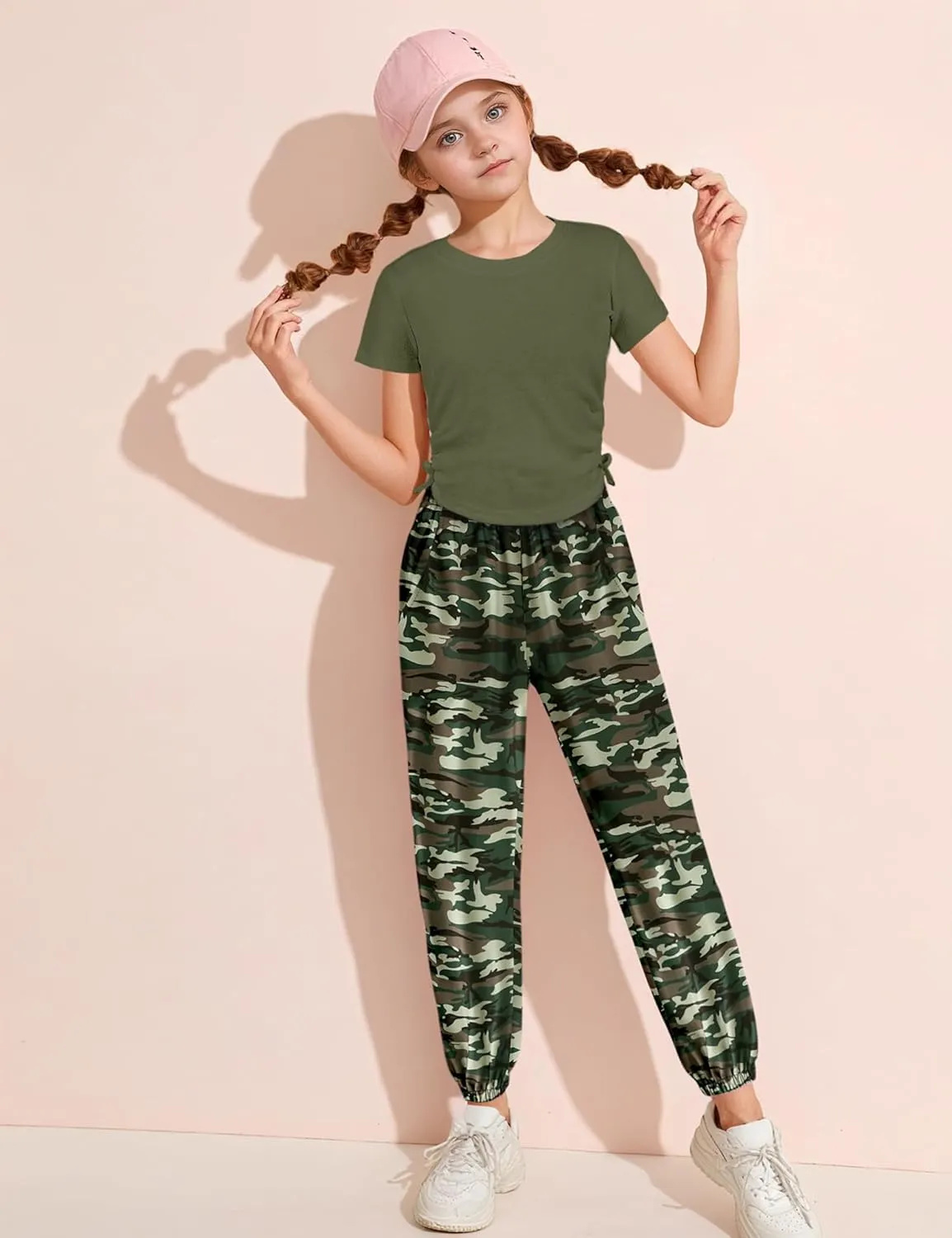 Crazyme Girls Clothes Ruched Drawstring Short Sleeve Knit Top and Camo Print Pants 2 Piece Girls Outfits 7-14 Years