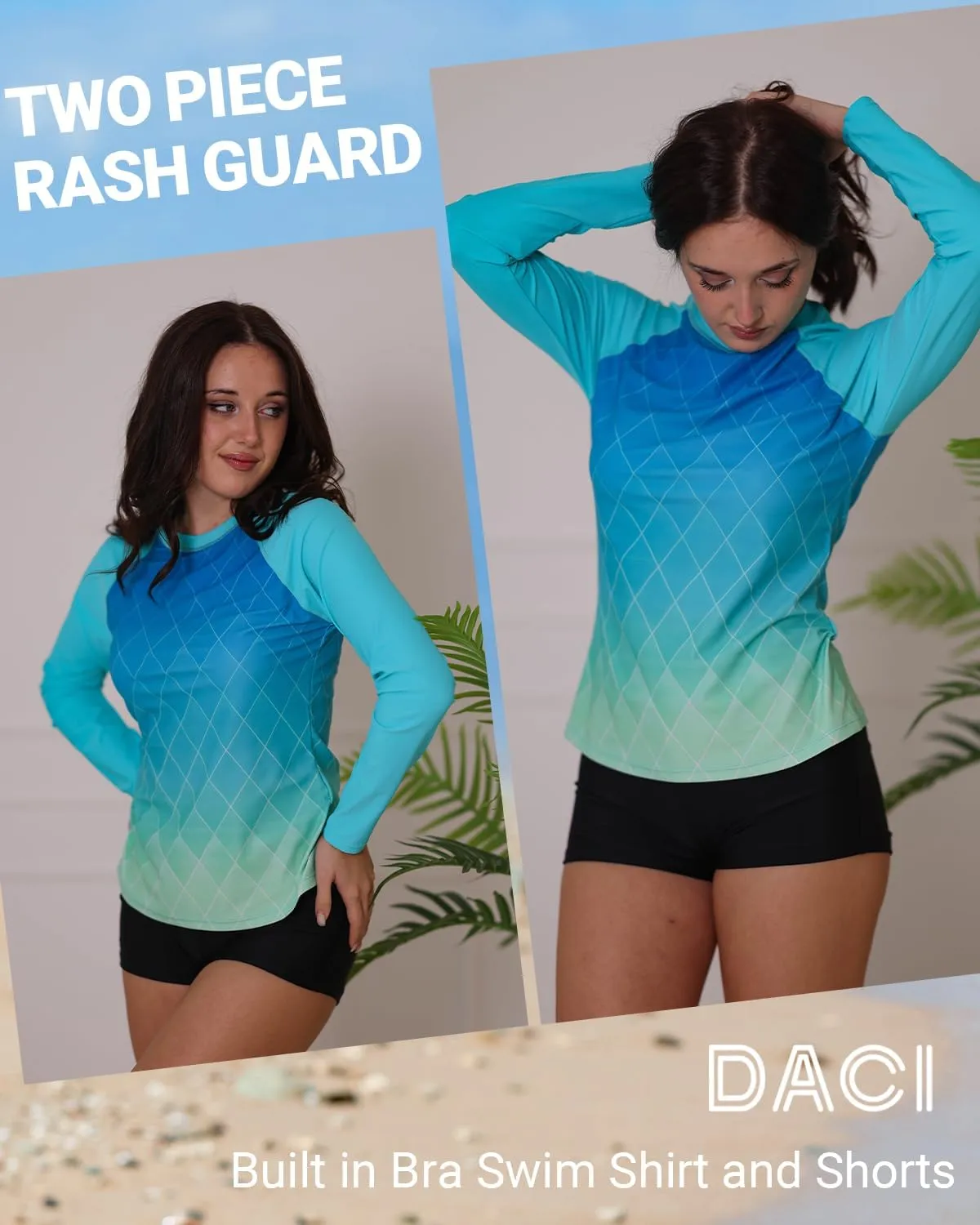 Daci Women Two Piece Rash Guard Long Sleeve Swimsuits UV UPF 50  Swim Shirt Bathing Suit with Boyshort Bottom
