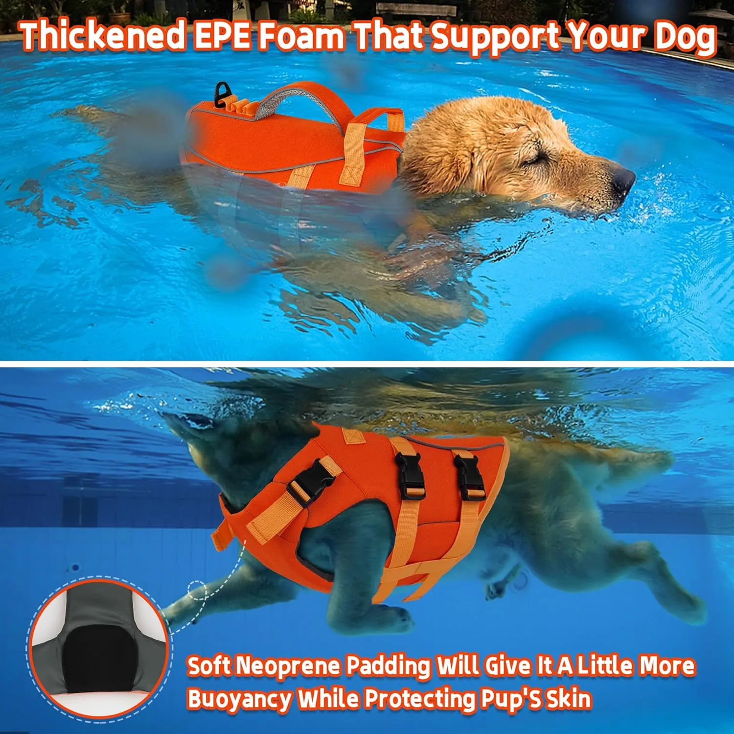 Dogcheer Dog Life Jacket with Double Rescue Handle, Reflective Dog Harness Life Vest for Swimming Boating, Adjustable Puppy Swim Jacket Pet DFD Floating Vest for Small Medium Large Dogs - Orange M