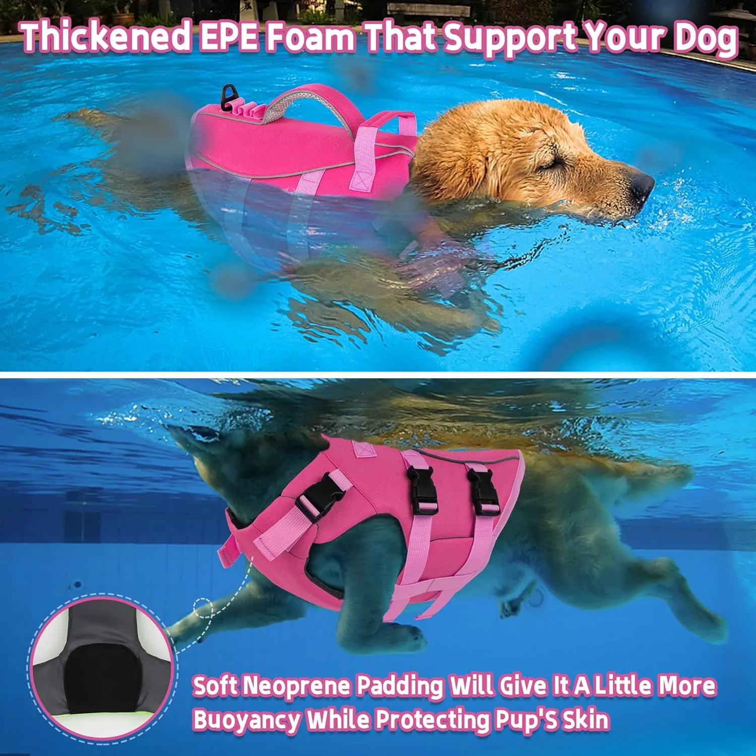 Dogcheer Dog Life Jacket with Double Rescue Handle, Reflective Dog Harness Life Vest for Swimming Boating, Adjustable Puppy Swim Vest Pet DFD Float Jacket for Small Medium Large Dogs - Pink M