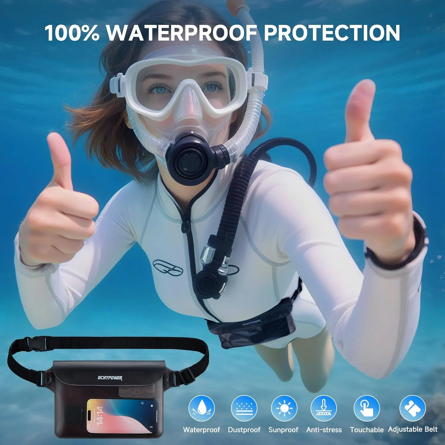 ECHTPower 2-Pack Waterproof Pouch Bag, Waterproof Fanny Pack, Waterproof Dry Bag with Adjustable Waist Strap for Beach Swimming Kayaking Floating Boating