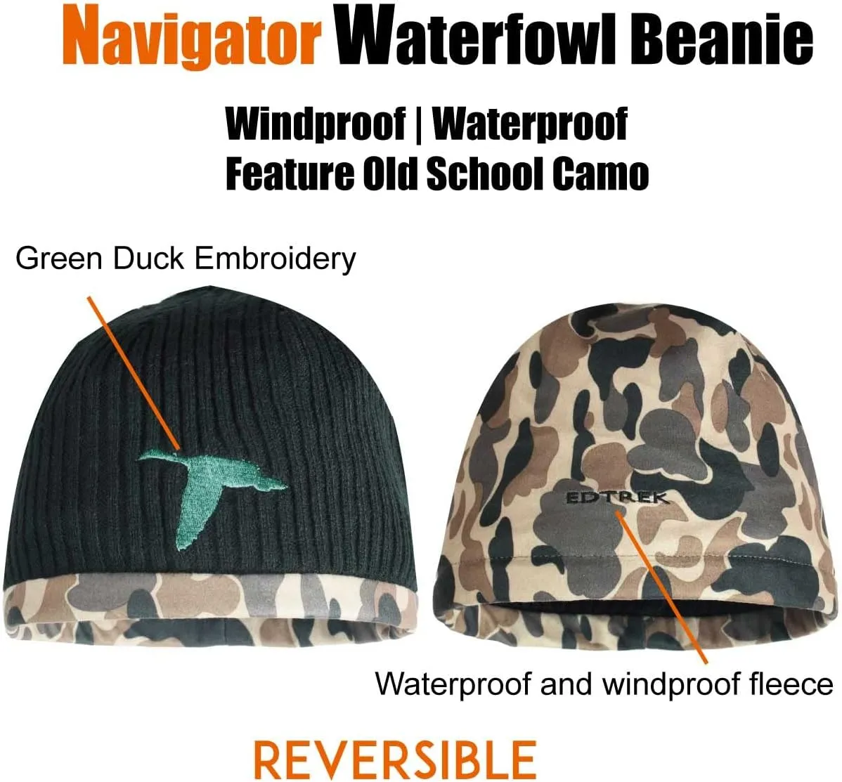 EDTREK Waterproof and Windproof Camo Beanie Hunting Hat - Timber and Blaze Orange Camo Hunter Hat