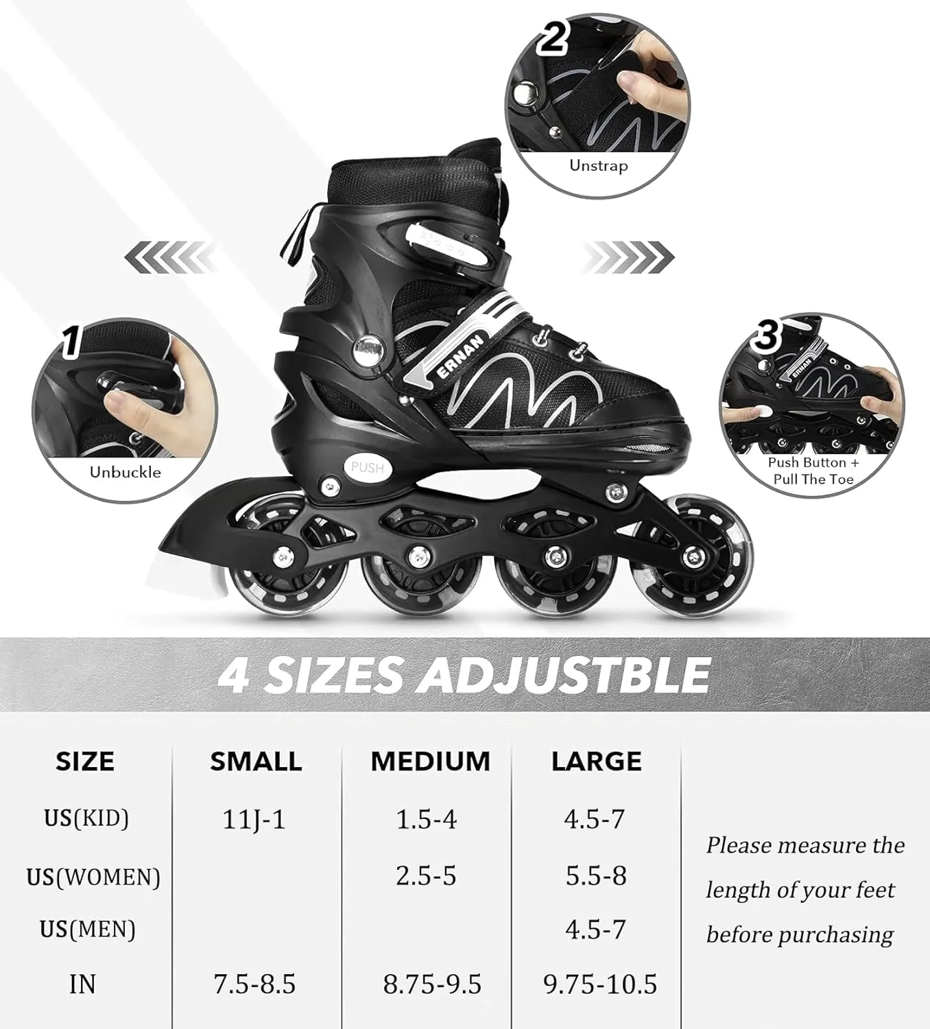 ERNAN Inline Roller Skates,Adjustable Inline Skate for Kids and Adults with Full Light Up Wheels,Outdoor Roller Blades for Boys and Girls, Men and Women