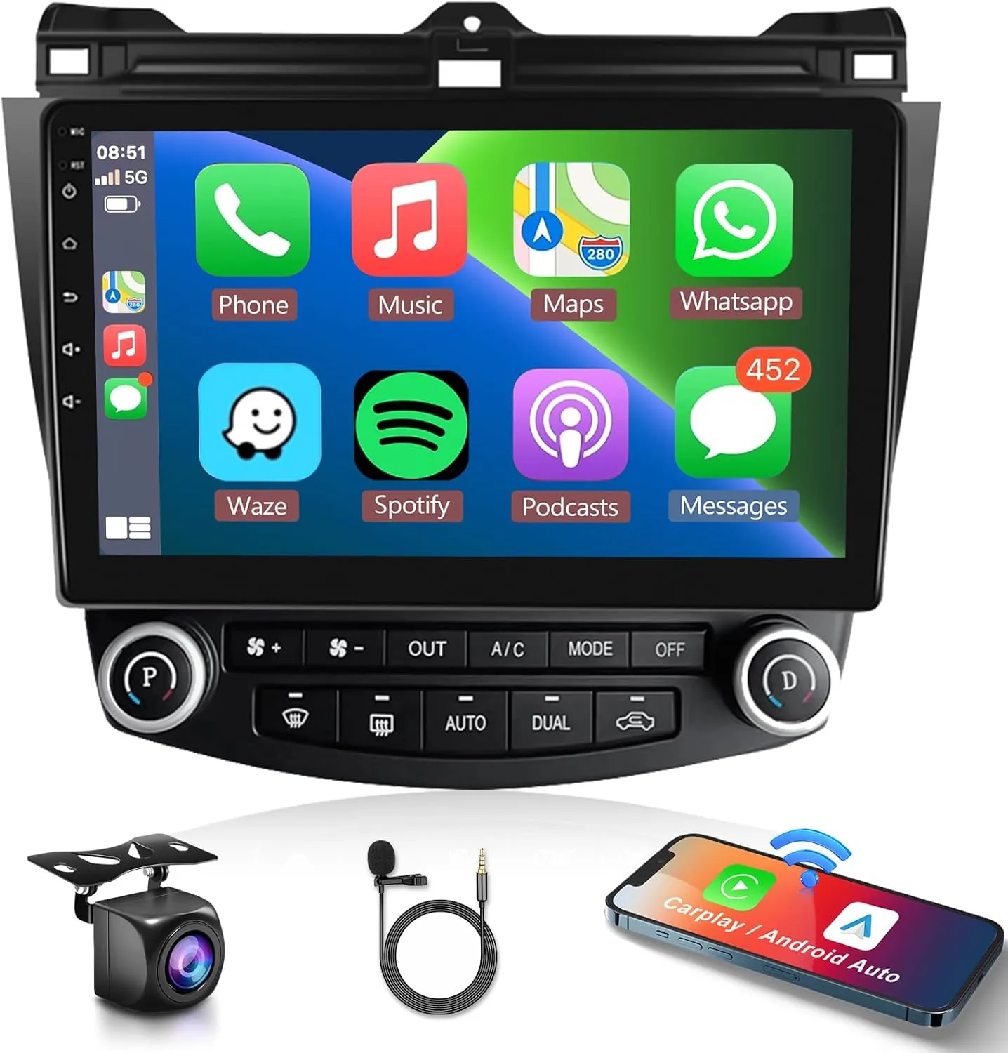 for Honda Accord 7th 2003-2007 Android Car Radio Stereo with Wireless Carplay/Android Auto 10.1" Touchscreen Autoradio Support WiFi GPS Navigation Backup Camera Bluetooth FM/RDS SWC