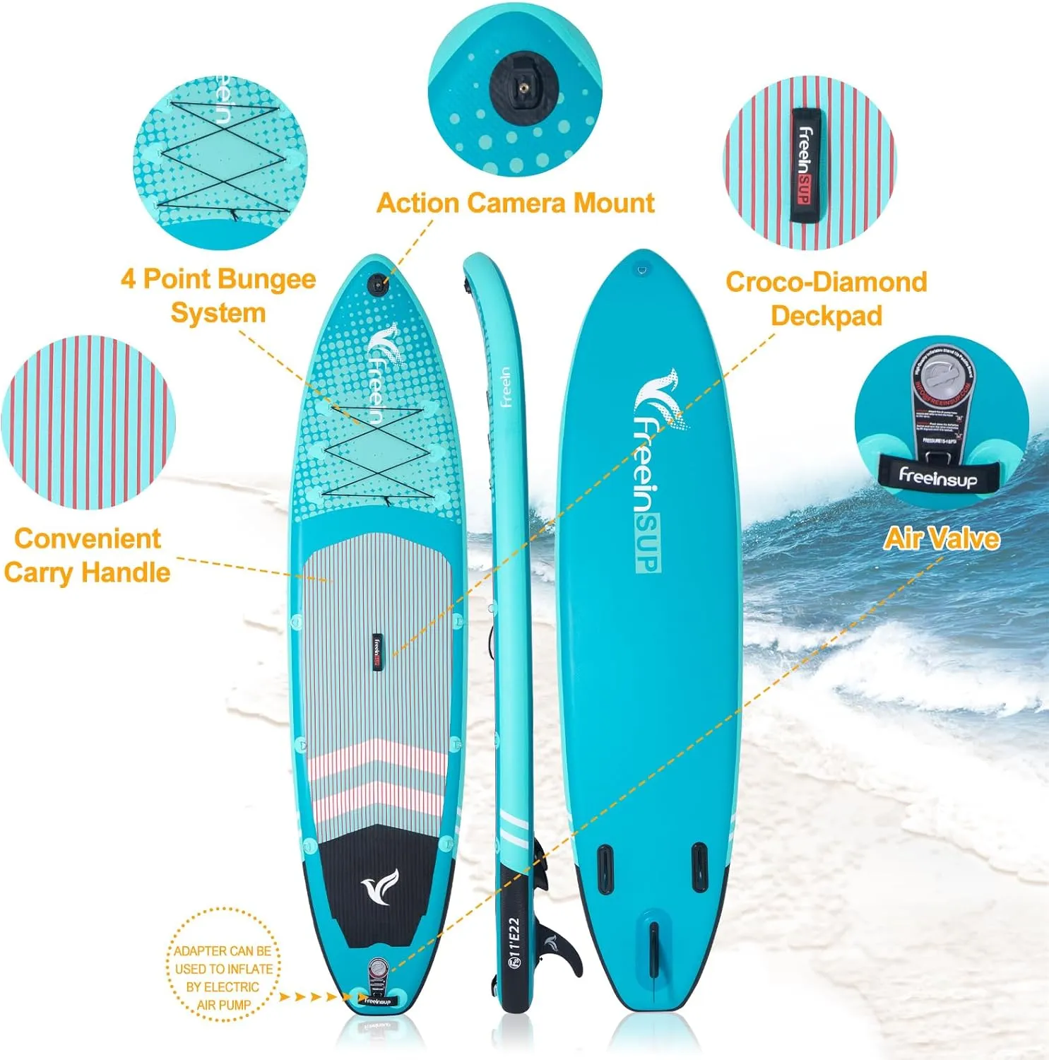 Freein Inflatable Paddle Board 10'6"/11',Capacity 2-in-1 SUP/Kayak with Adjustable Seat,Electric Pump Adapter,Non-Slip Diamond Deck & Travel Backpack,for Adults/Fishing/Yoga