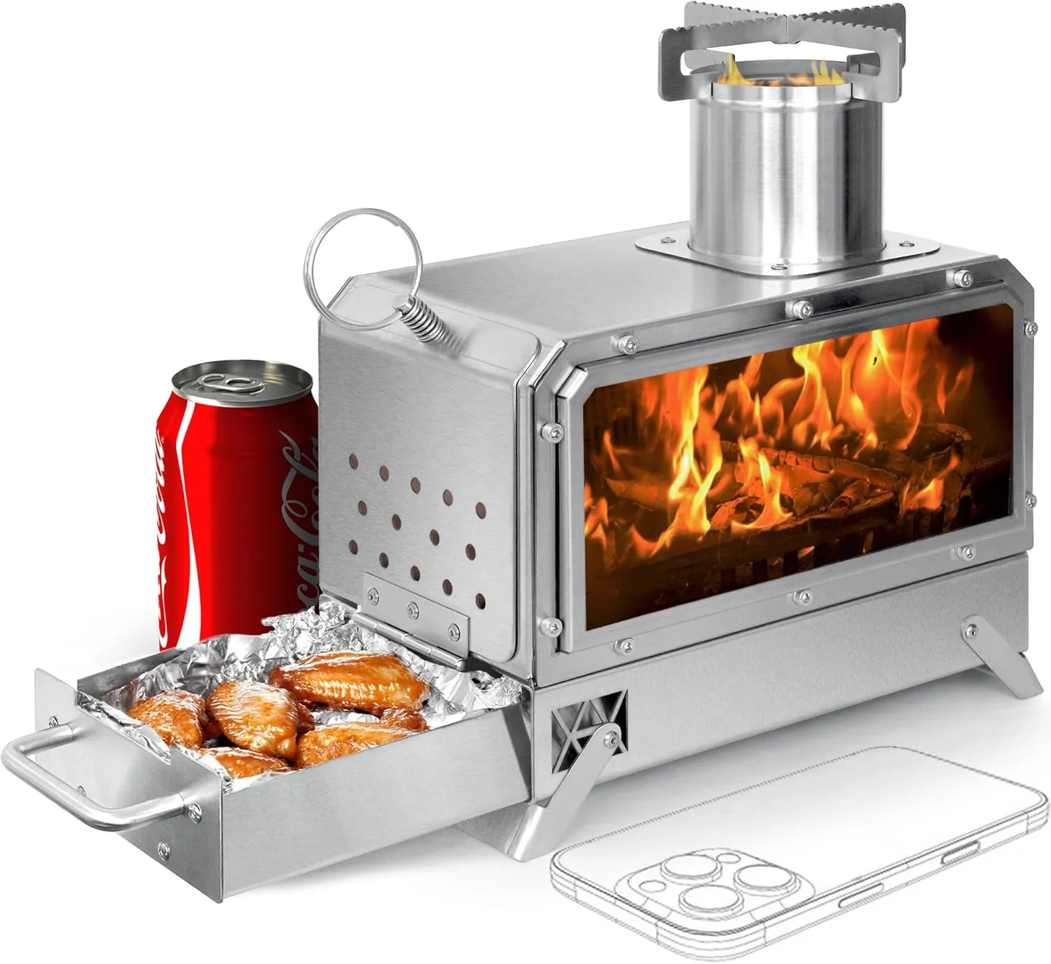 GoHawk Portable Wood Burning Camp Stove 9.5" Mini Heater Burner with Fireproof Glass Window 304 Stainless Steel Cooking Oven Grill Heating Tray for BackPacking Camping Tent Fishing Hiking Picnic BBQ