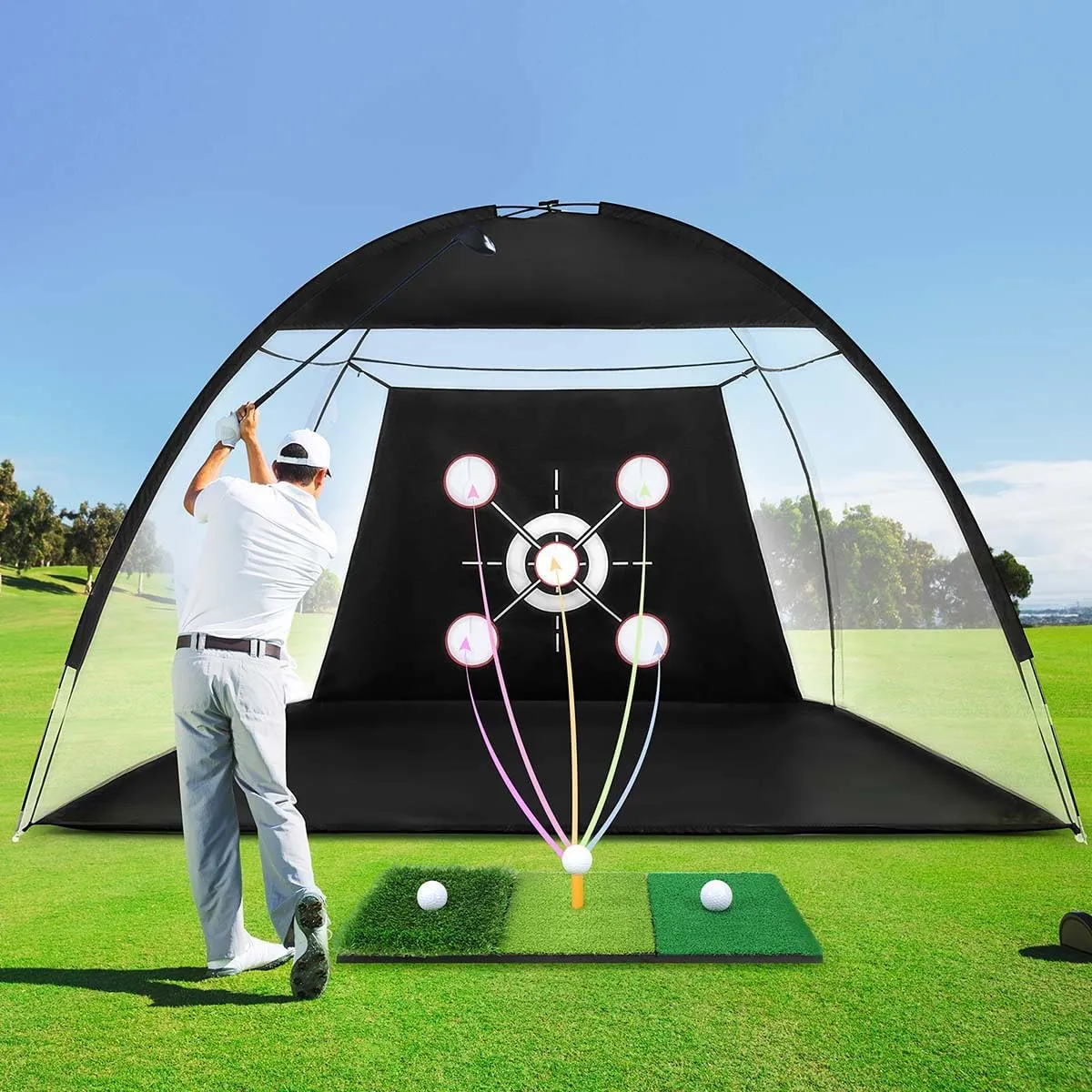 Golf Net,Golf Practice Net 10x7FT Duty Indoor&Outdoor Training System with Tri-Turf Mat & 10 Balls, Backyard Driving Chipping Aid Gift for Men Dad Him and Golfers