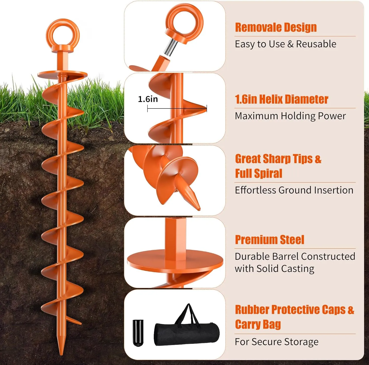 Ground Anchor Screw in, 8 Pack Spiral Trampoline Anchors with Nut and Tool Swing Set Anchors Tent Stakes High Wind Heavy Duty for Sheds, Carports, Mobile Home Orange