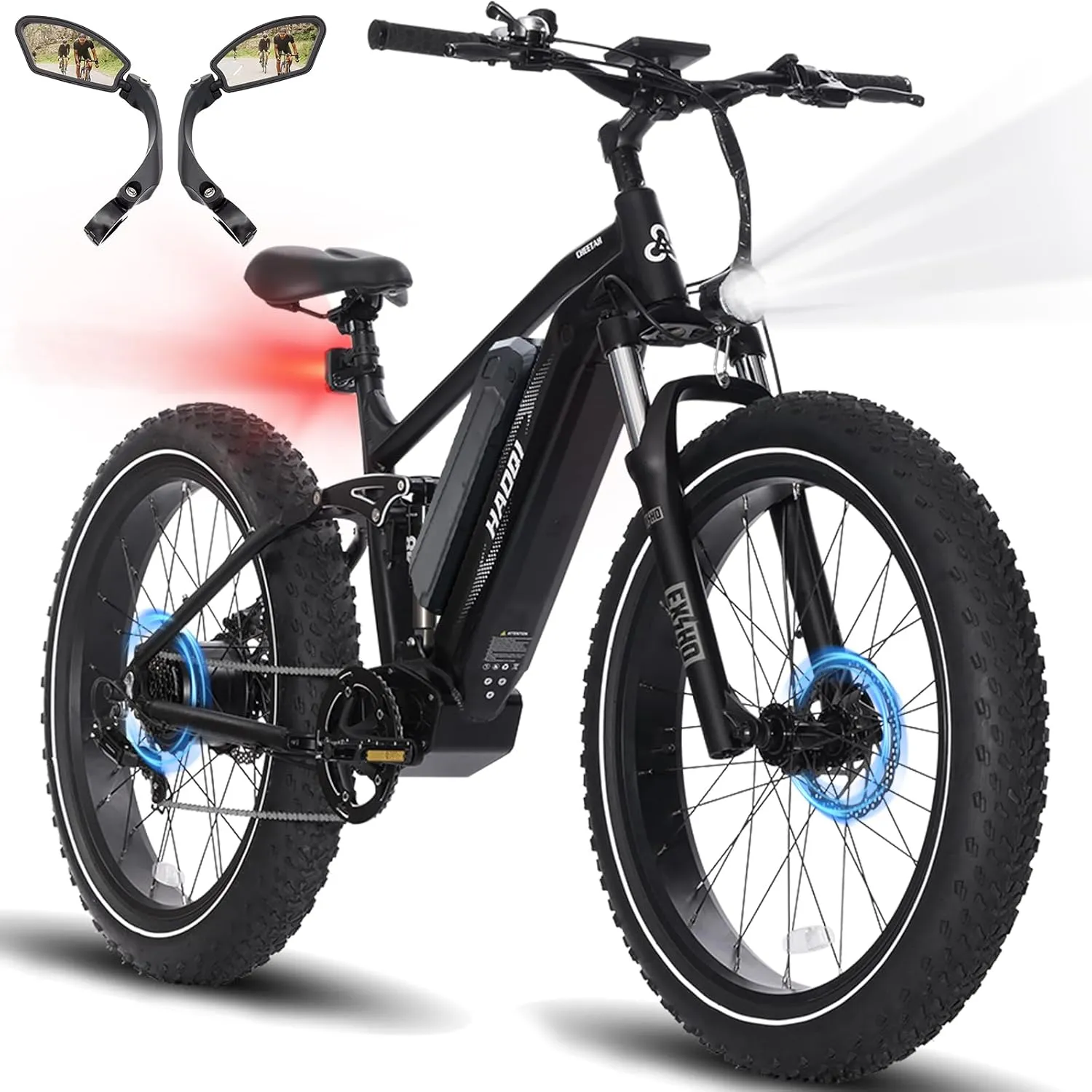 HAOQI Cheetah Electric Bike for Adults, 750W(Peak 1000W) Electric Bike,48V 16AH/25Ah Battery Adult Electric Bicycle,26*4Fat Tire Full Suspension 28MPH Mountain Ebike, 7 Speed Max 85 Miles Range