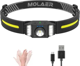 Headlamp Rechargeable, 270 Wide Beam Bright LED Head Lamp with Motion Sensor for Adults, Lightweight, Weatherproof, White Red Light Source Headlight Flashlight for Outdoor Camping Running