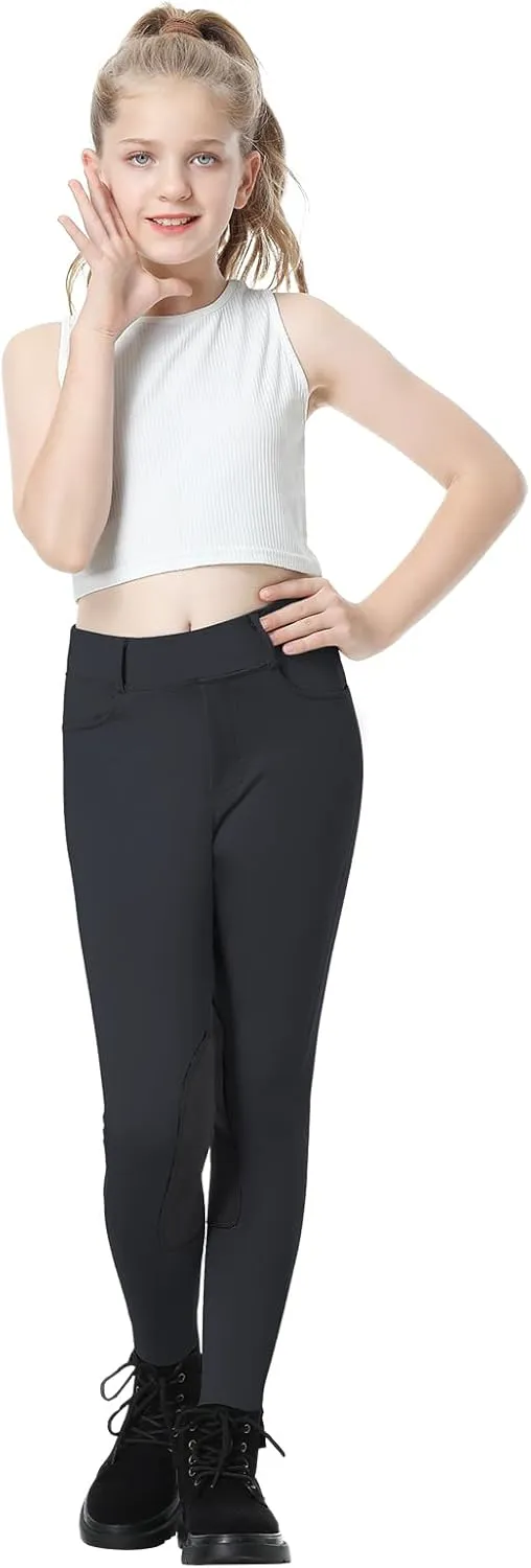 Horse Riding Pants Equestrian Girls Full Seat Silicone Breeches Kids Pull-On Horseback Riding Tights Pockets